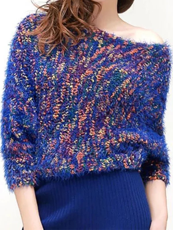 Casual Print Off-shoulder Long Bat Sleeve Women Sweaters Cable Knit Ribbed Knit Lace Knit