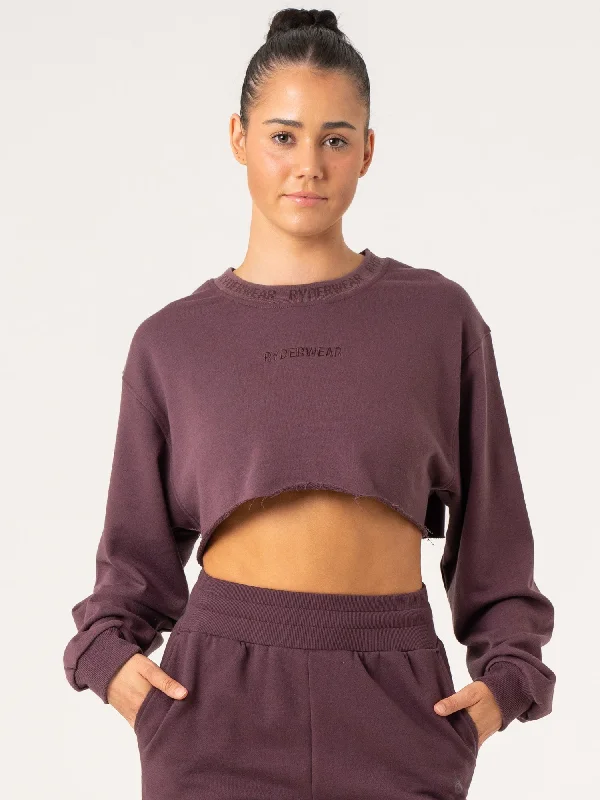 Cropped Sweater - Plum Denim Fabric Leather Fabric Suede Fabric