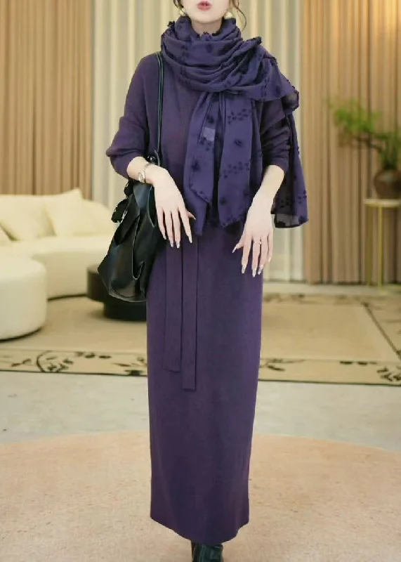 Elegant Purple V Neck Cozy Knit Long Sweater Winter Soft Cozy Warm