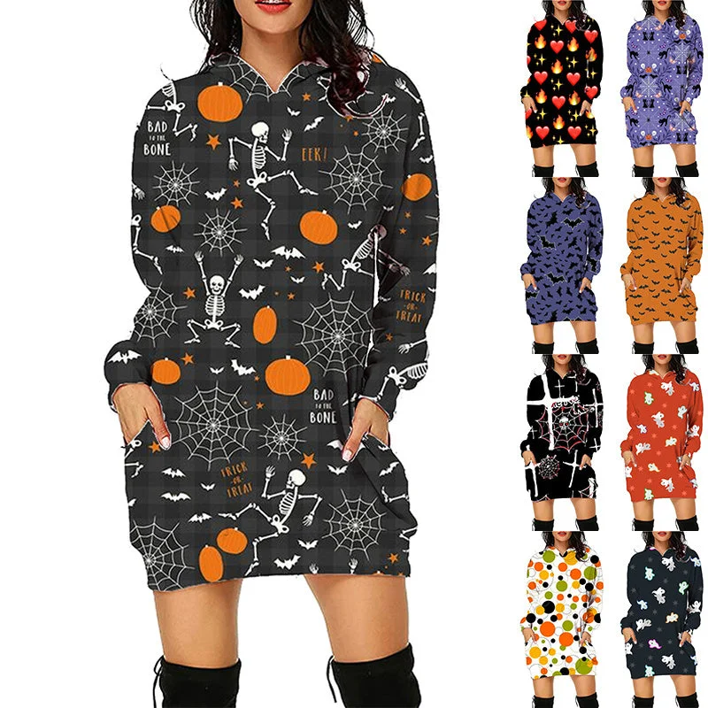 Halloween Print Long Hoodie With Pockets Sweater Long Sleeve Clothes Women Real Fur Shearling Chenille Halloween Print Long Hoodie With Pockets Sweater Long Sleeve Clothes Women Real Fur Shearling Chenille