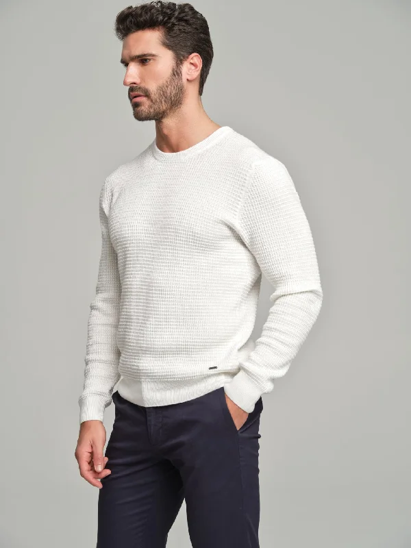 Long sleeve crew neck sweater with waffle knitting Transparent Opaque Sheer