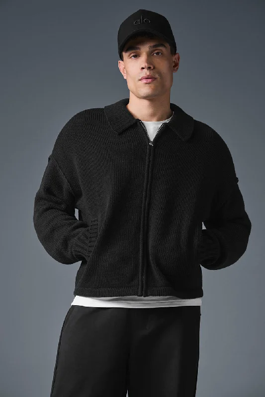 Heritage Full Zip Sweater - Black Zippered Front Buttoned Front Snap Front