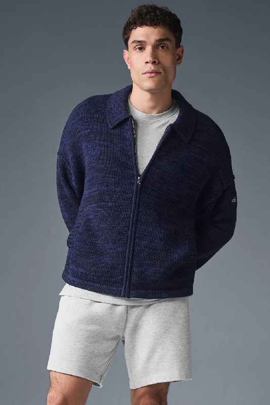 Heritage Full Zip Sweater - Navy Multi Boat Neck Shawl Collar Notched Collar