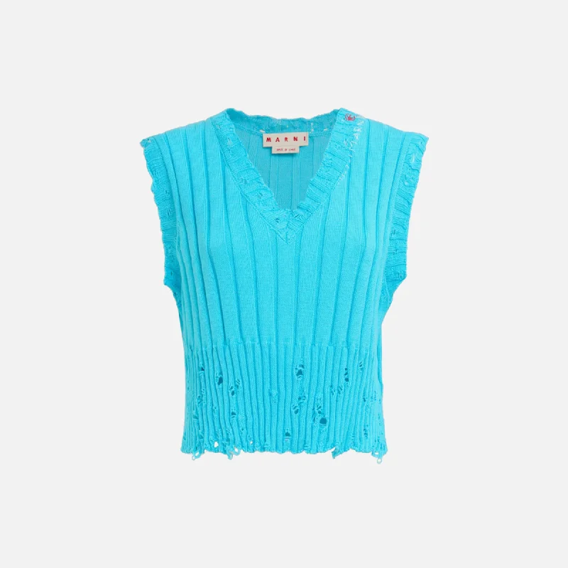Marni V-Neck Sweater - Cobalt Real Fur Shearling Chenille