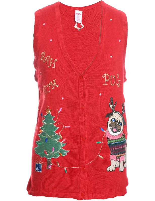 Red Embroidered Pug Design Applique Detail Sweater Vest - XL Seamless Knitted Crochet Red Embroidered Pug Design Applique Detail Sweater Vest - XL Seamless Knitted Crochet