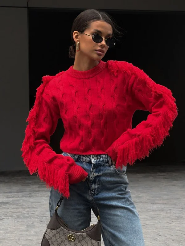 Round Neck Long-sleeved Knitted Sweater Chenille Brocade Lace