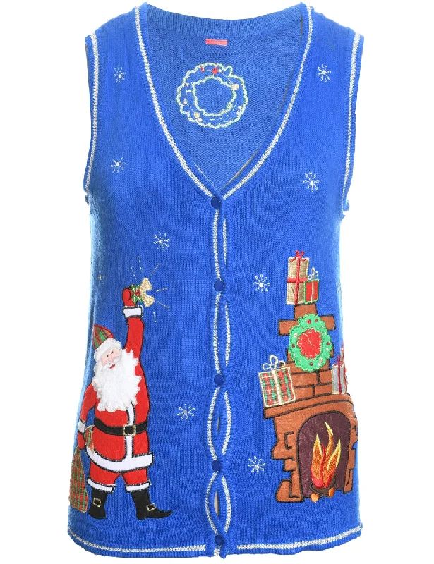 Santa Claus Design Blue Embroidered Christmas Sweater Vest - S Terry Terry Cloth Terry Knit Santa Claus Design Blue Embroidered Christmas Sweater Vest - S Terry Terry Cloth Terry Knit