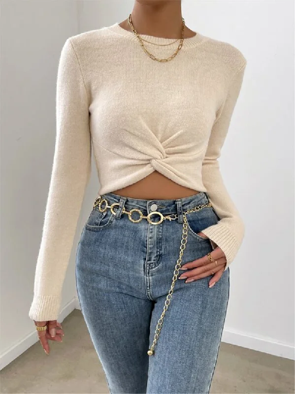 Slim Round Neck Knitted Top Sweater Iron Safe Non-Iron Wrinkle Free