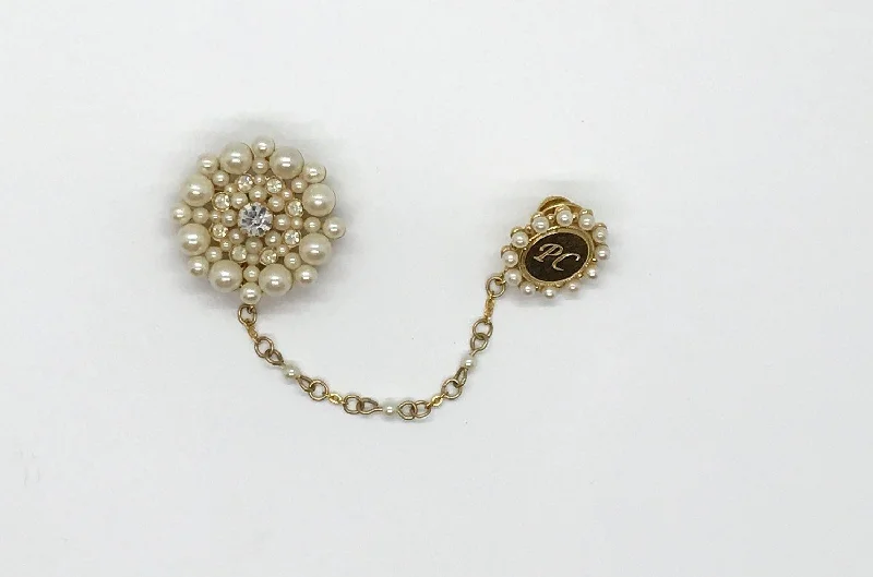Vintage Faux Pearl and Rhinestone Brooches/Sweater Clips Engraved Modern Contemporary Chic