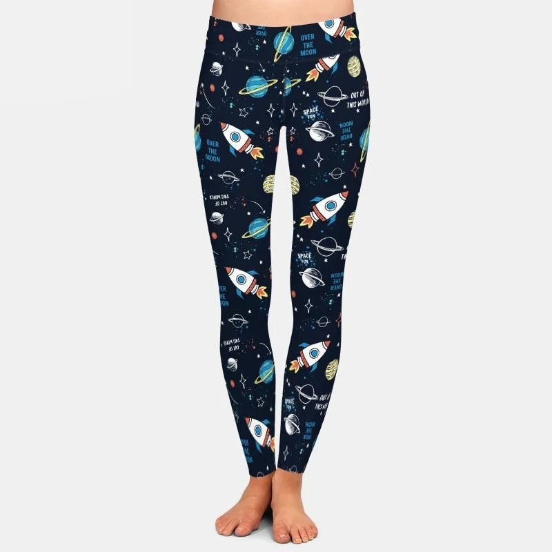 Ladies 3D Cartoon Space Rockets & Planets Printed Leggings