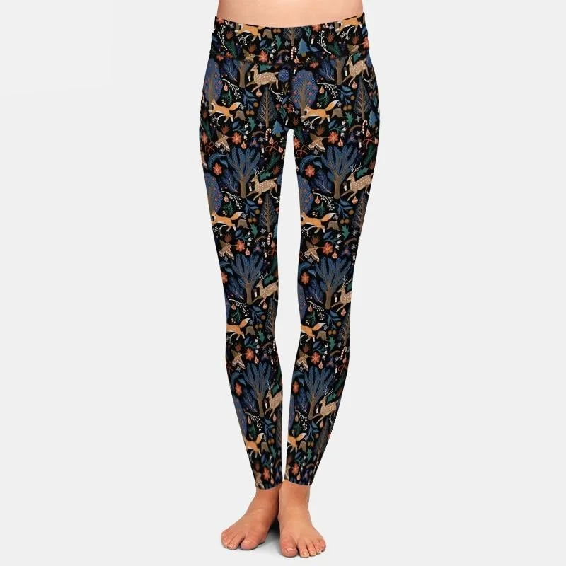 Ladies 3D Deer & Foxes In The Forest Printed Leggings