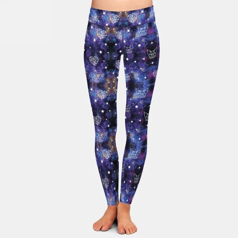 Ladies 3D Galaxy Cats, Hearts & Stars Pattern Printed Leggings