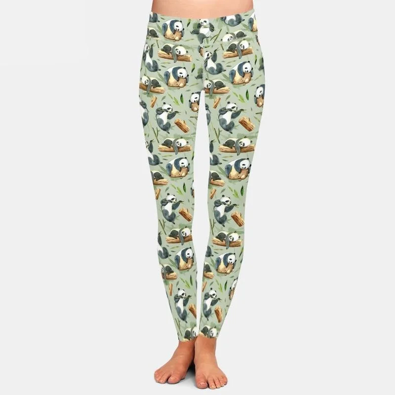 Ladies Black & White Pandas On Stones & Logs Printed Leggings