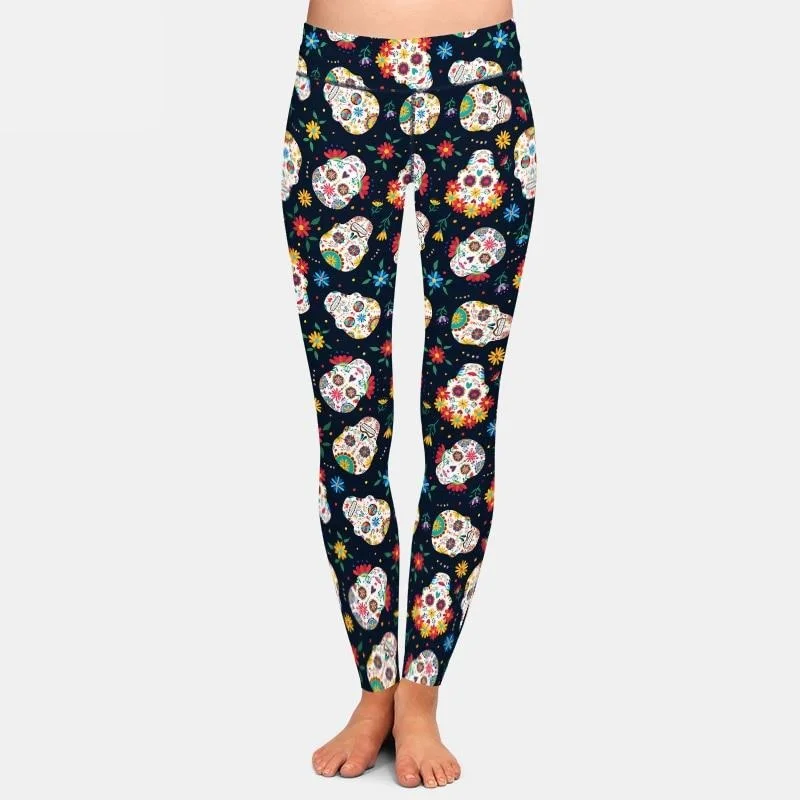 Ladies Sugar Skulls & Flowers Printed Leggings