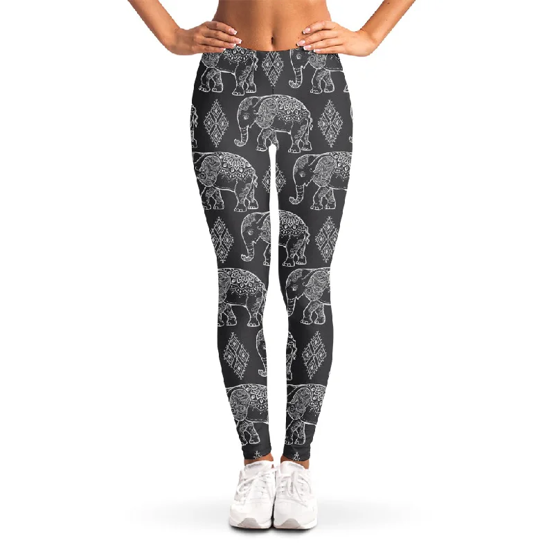 White And Grey Indian Elephant Print Women's Leggings