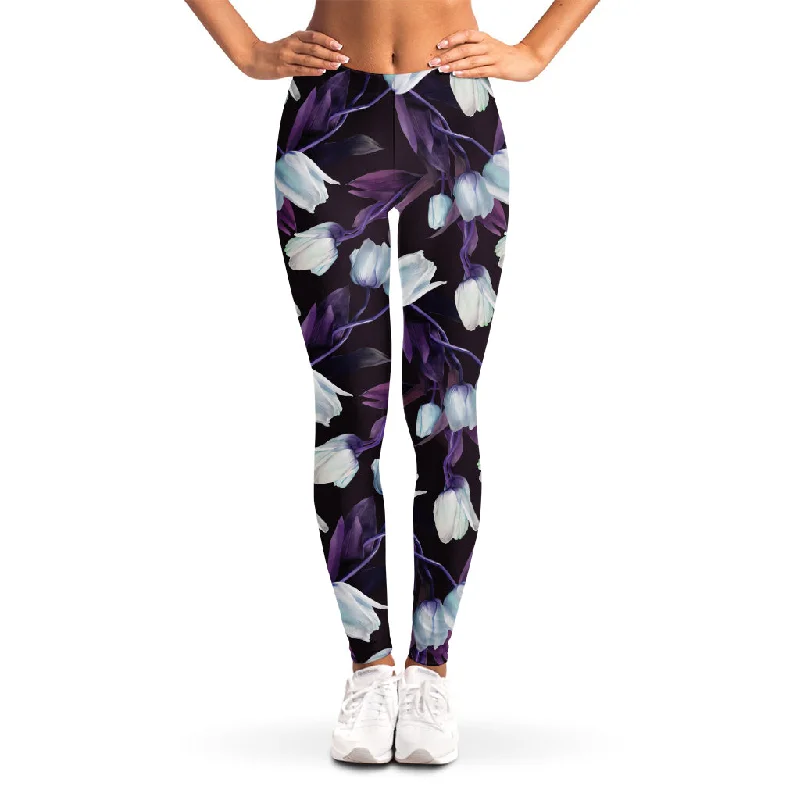 White And Purple Tulip Pattern Print Women's Leggings