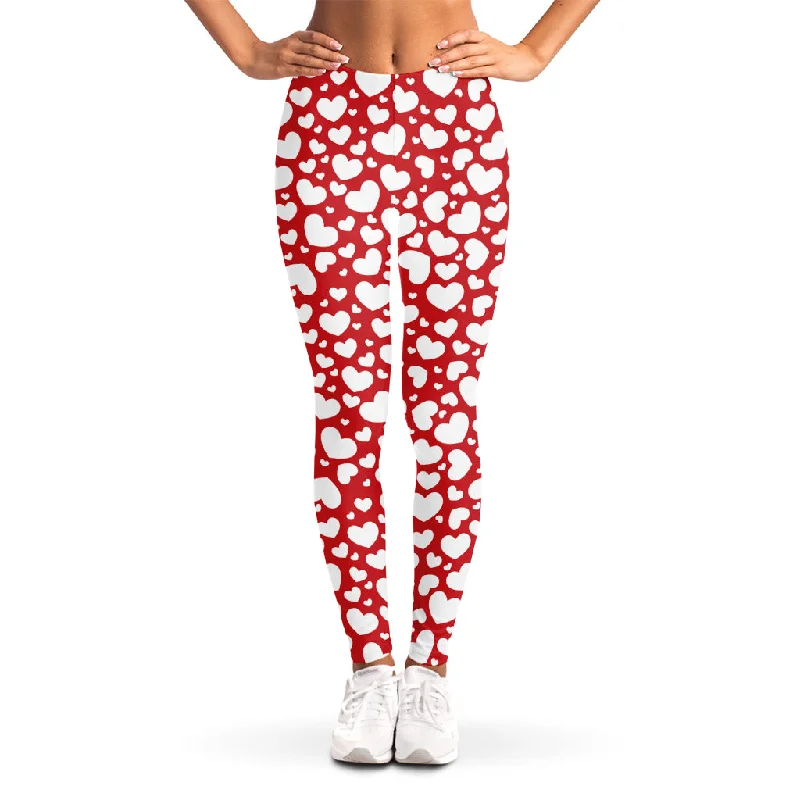 White And Red Heart Pattern Print Women's Leggings