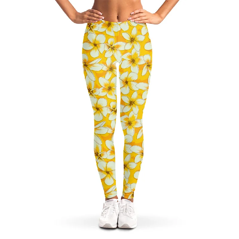 White And Yellow Plumeria Pattern Print Women's Leggings