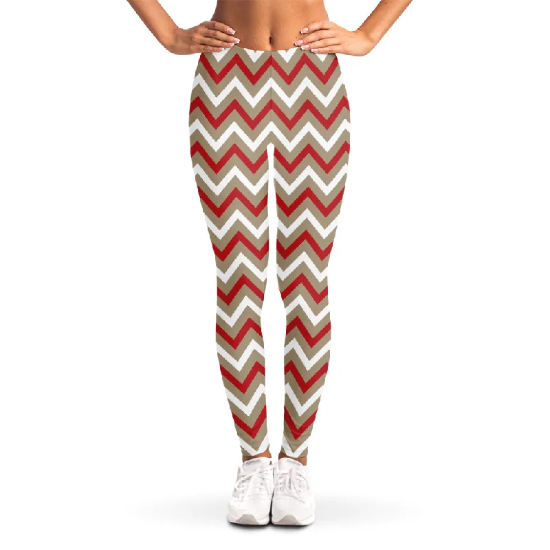 White Beige And Red Chevron Print Women's Leggings