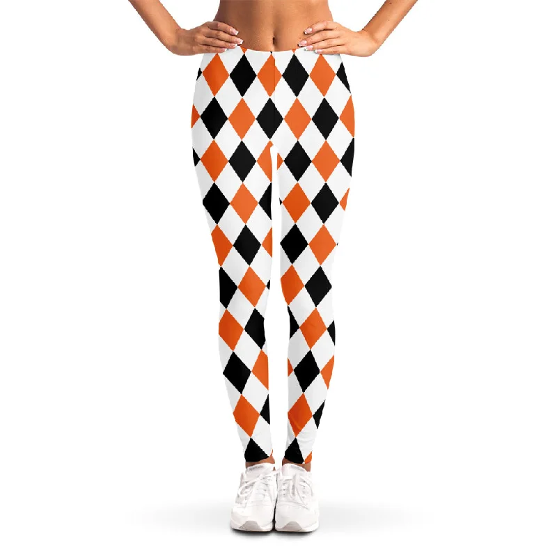 White Black And Orange Harlequin Print Women's Leggings