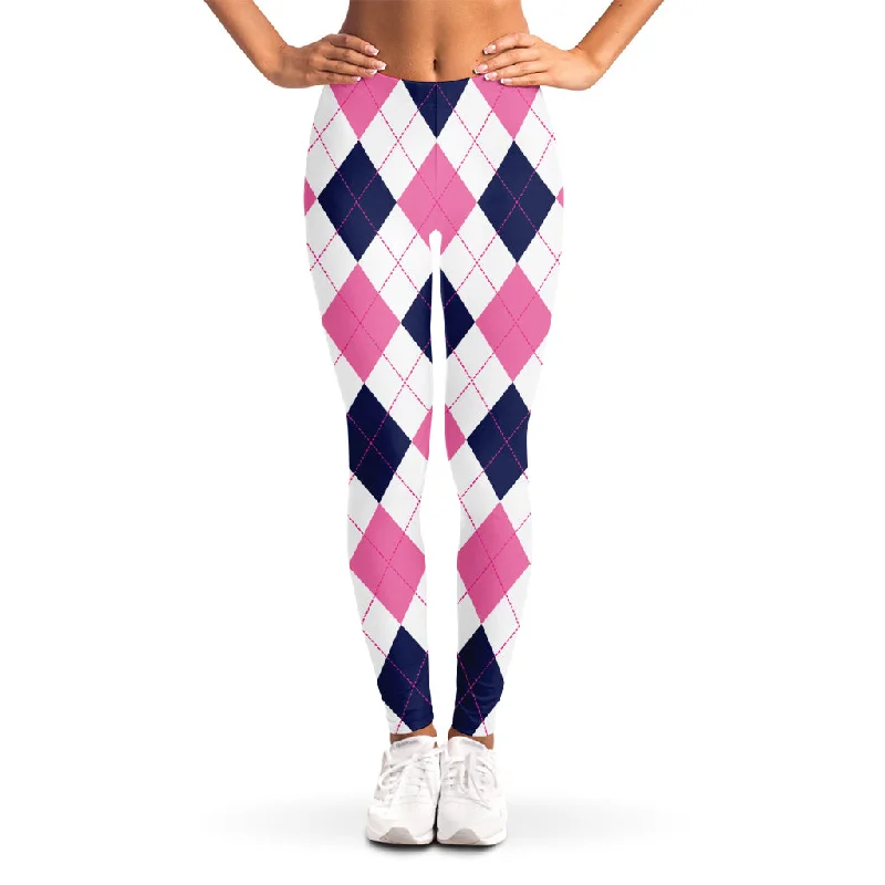 White Blue And Pink Argyle Pattern Print Women's Leggings