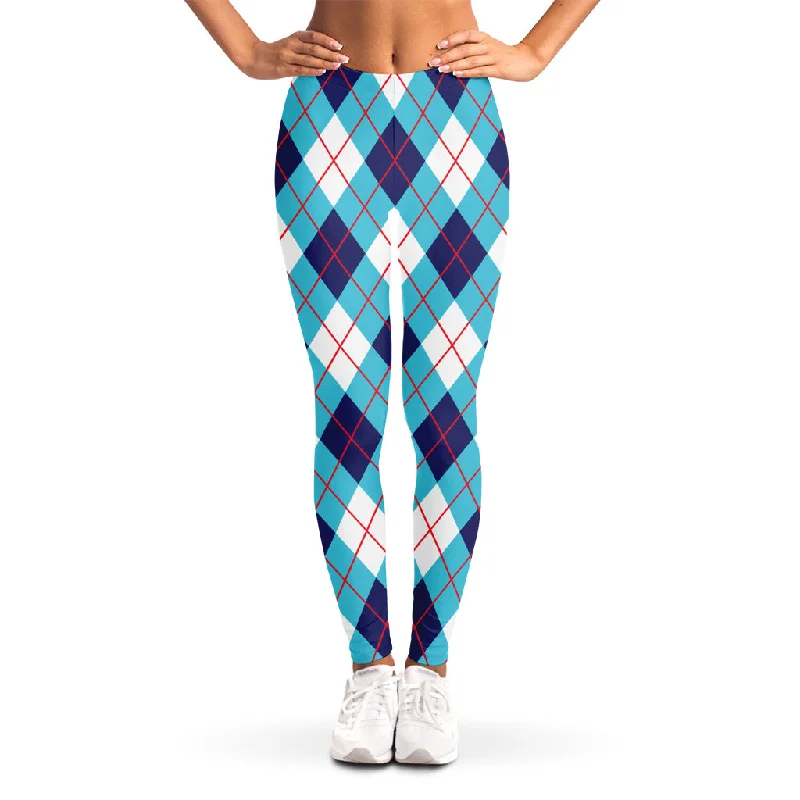 White Blue And Red Argyle Pattern Print Women's Leggings