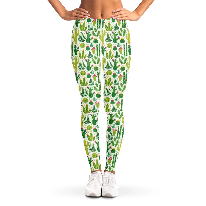 White Cactus Plant Pattern Print Women's Leggings