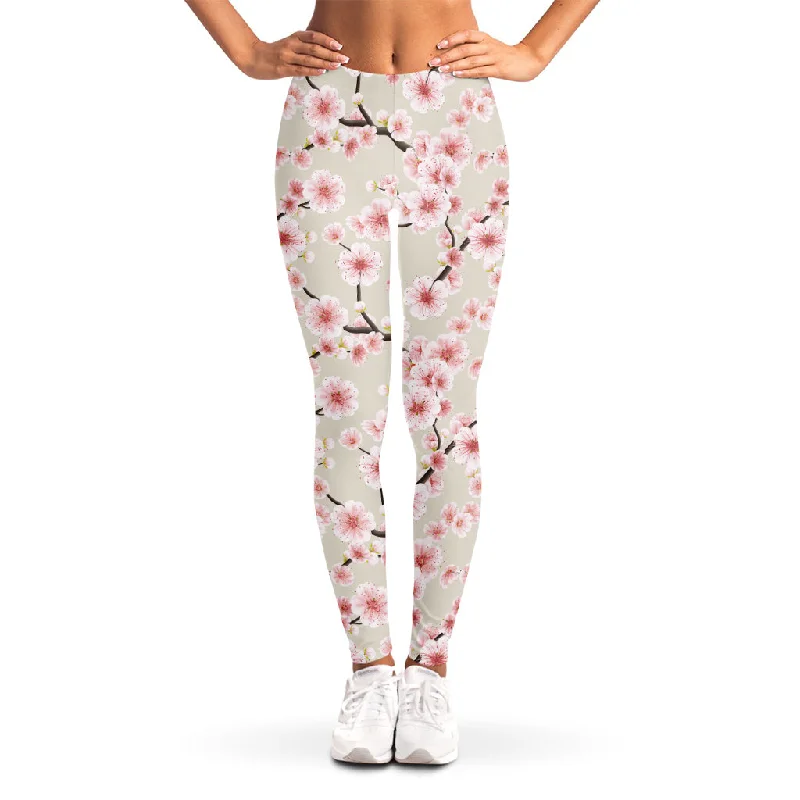 White Cherry Blossom Pattern Print Women's Leggings