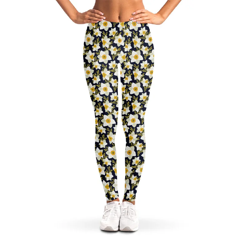 White Daffodil Flower Pattern Print Women's Leggings