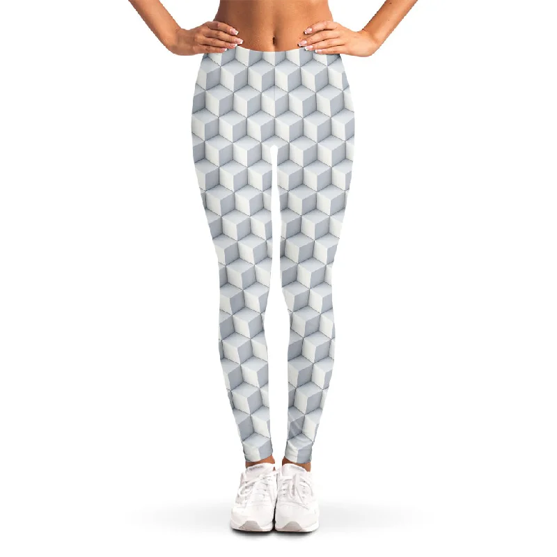 White Geometric Cube Shape Pattern Print Women's Leggings