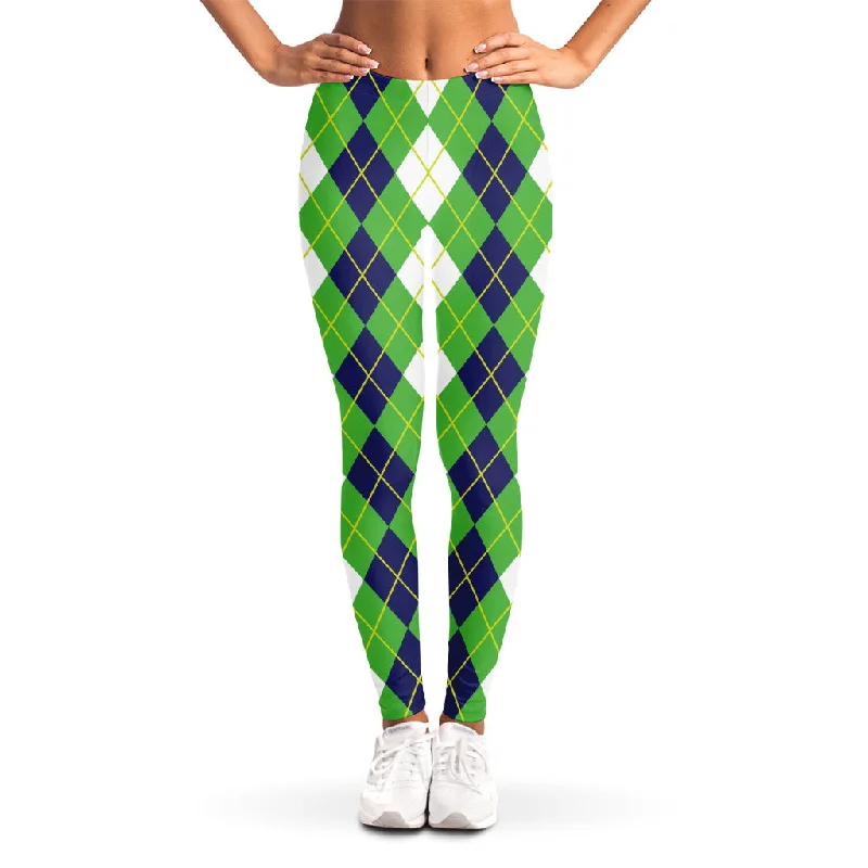 White Green And Navy Argyle Print Women's Leggings