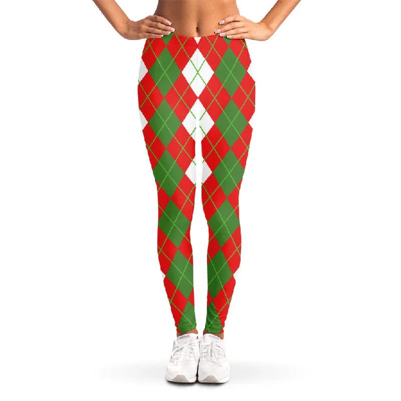 White Green And Red Argyle Pattern Print Women's Leggings