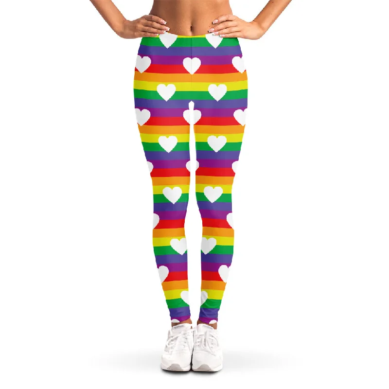 White Heart On LGBT Pride Striped Print Women's Leggings