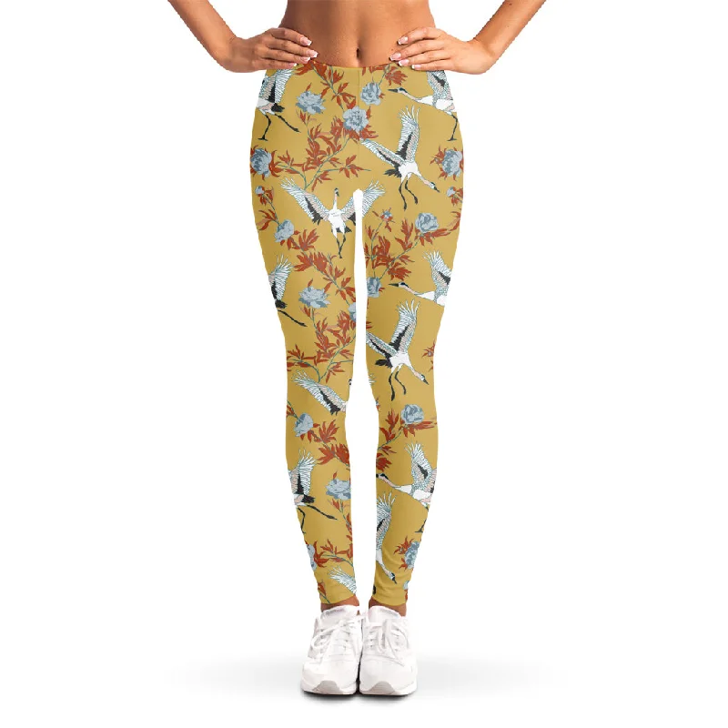 White Japanese Cranes Pattern Print Women's Leggings