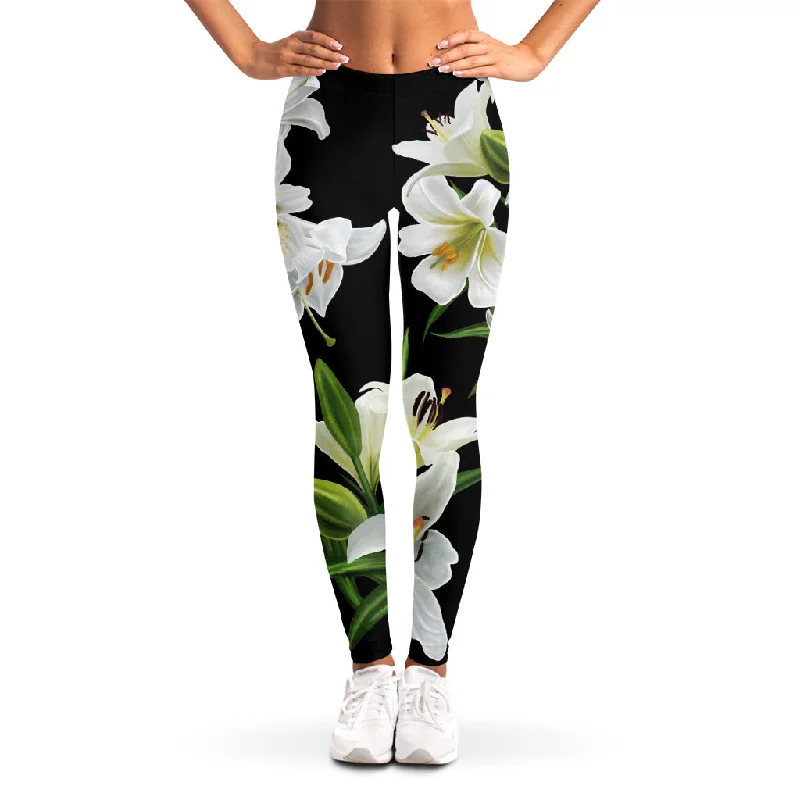 White Lily Print Women's Leggings