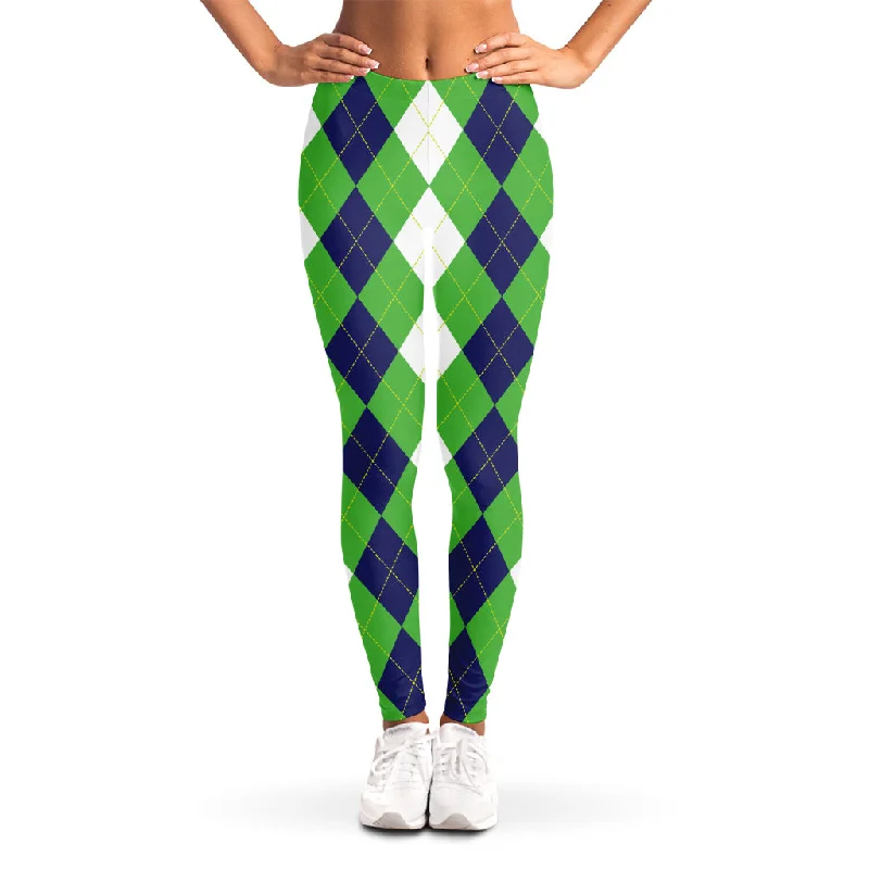 White Navy And Green Argyle Print Women's Leggings