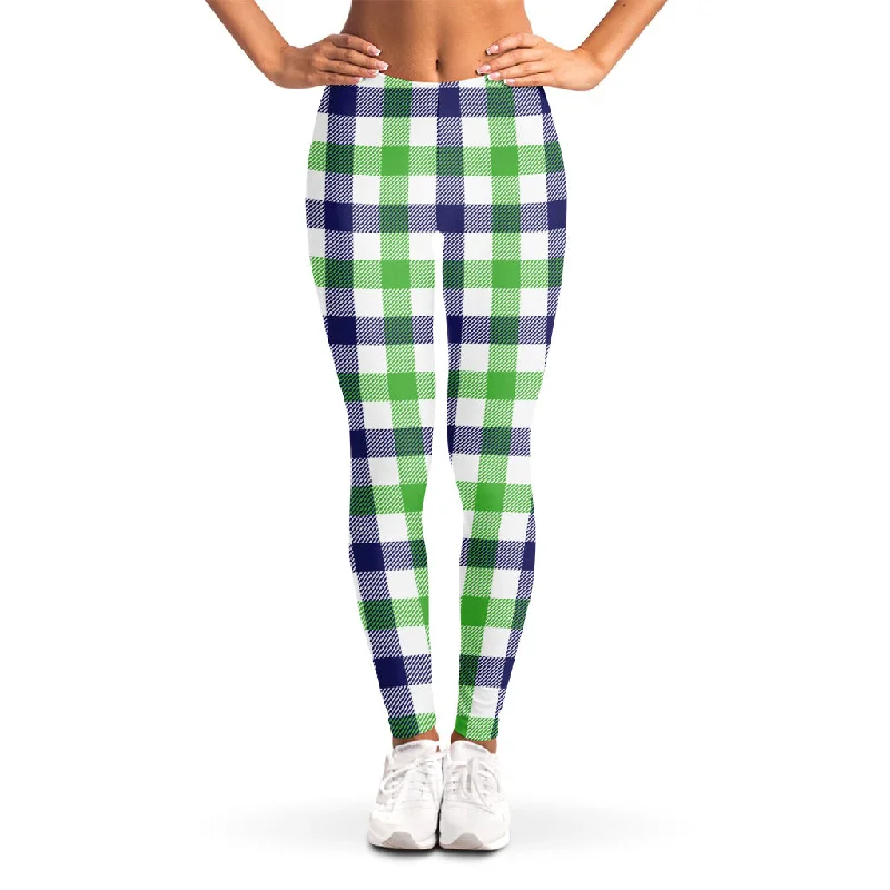 White Navy And Green Plaid Print Women's Leggings