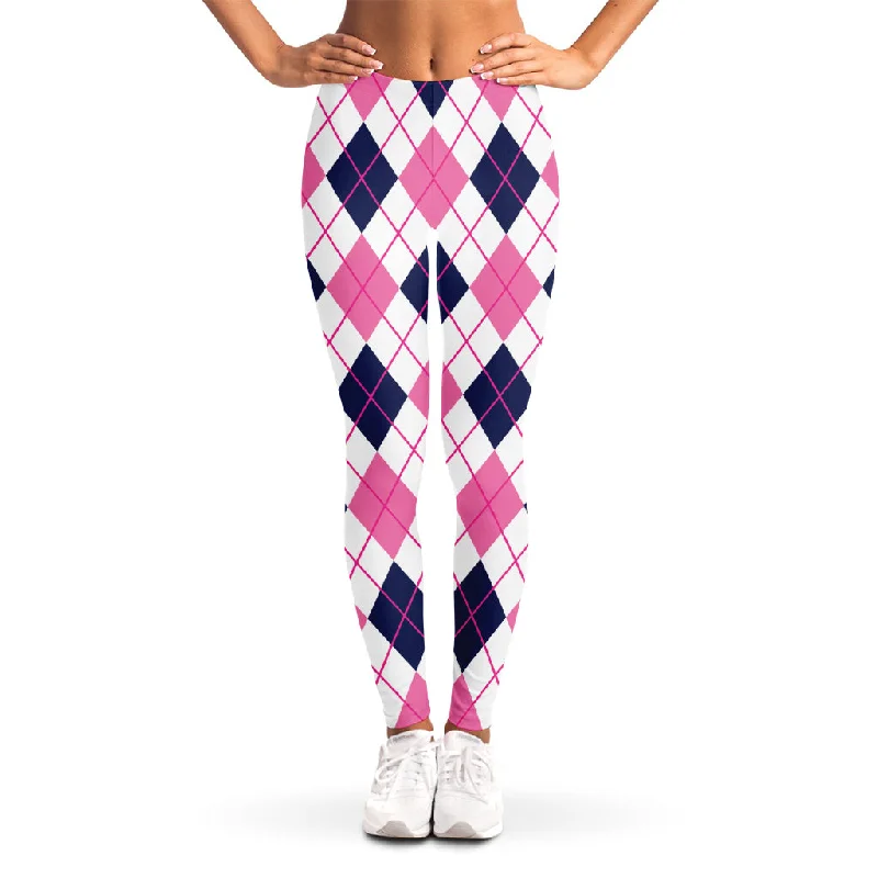 White Pink And Blue Argyle Pattern Print Women's Leggings