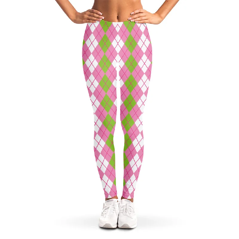 White Pink And Green Argyle Print Women's Leggings