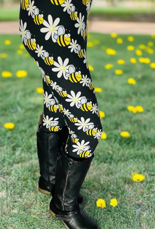 Womens Daisy Bee Leggings, Soft Yoga Pants, Sizes OS/TC, Yoga Waist, Black/Yellow, Exclusive Leggings