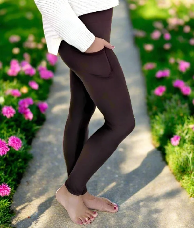 Womens Brown Pocket Leggings, Soft Yoga Pants, Sizes OS/TC, Yoga Waist, Exclusive Leggings