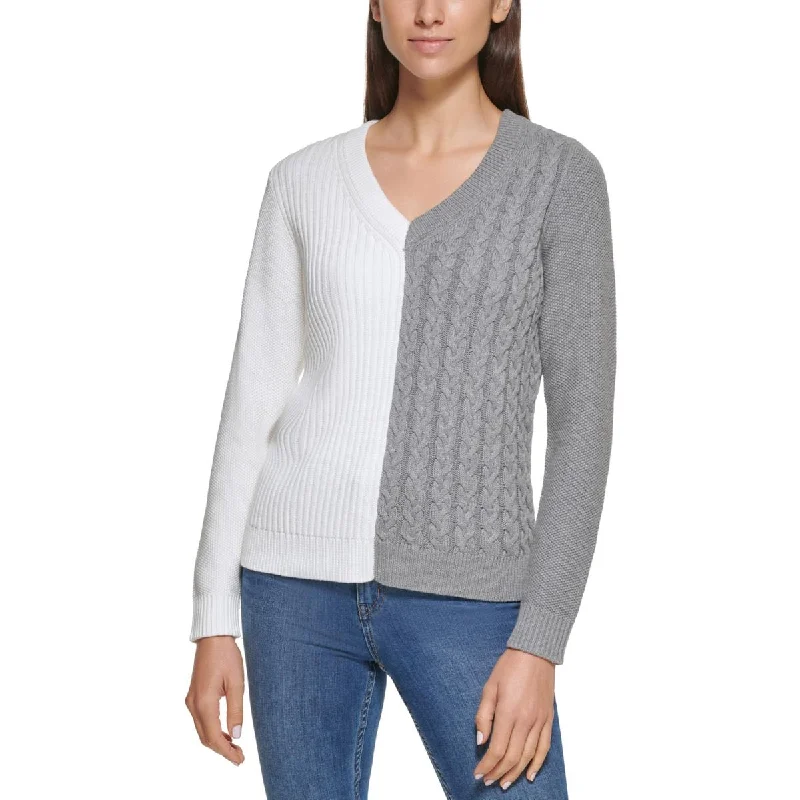 Calvin Klein Womens Colorblock Ribbed V-Neck Sweater