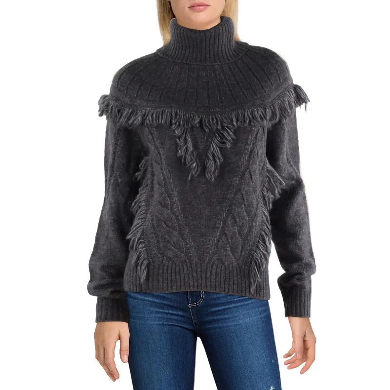 Ramy Brook Womens Wool Blend Fringe Mock Turtleneck Sweater