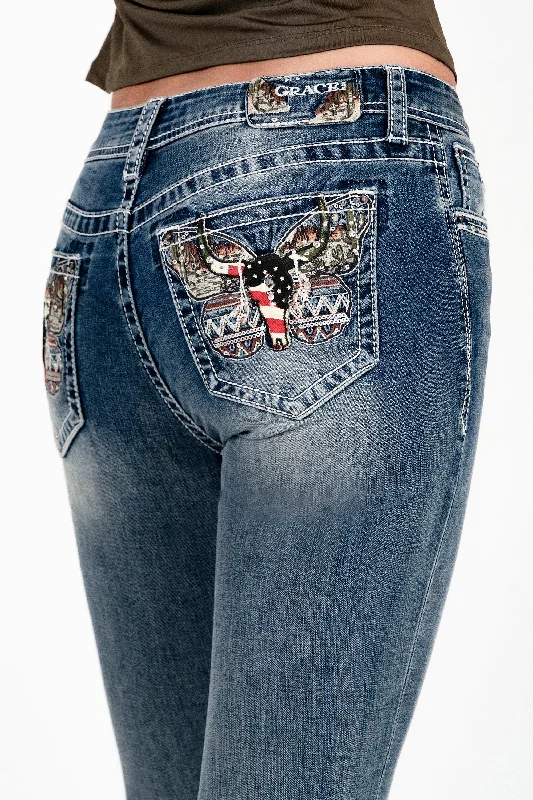 Butterfly Embroidered Mid Rise Bootcut Jeans