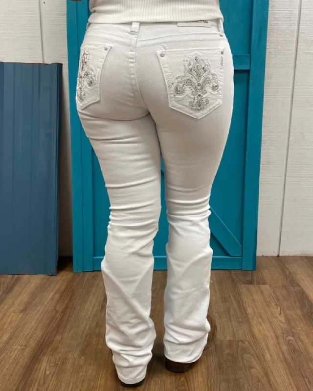 Grace in LA Easy Fit White Fleur-De-Lis Bootcut Jeans EB61832