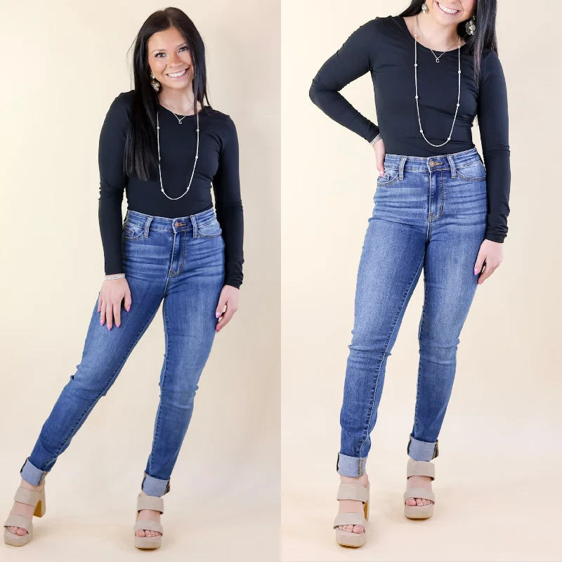 Judy Blue | Signature Stride Cuffed Hem Skinny Jeans in Medium Wash