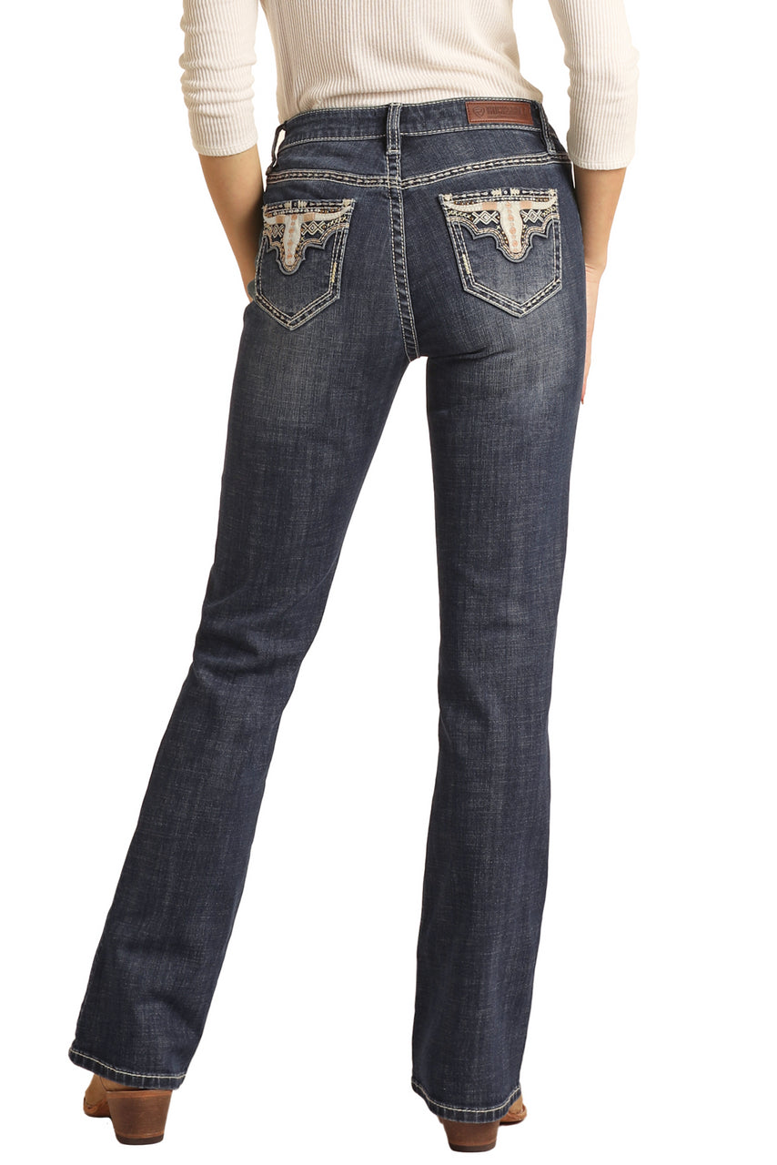 Rock and Roll Mid Rise Extra Stretch Bootcut Jeans Cow Skull Emb - Christmas Clearance