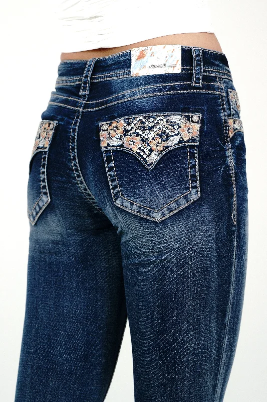 Floral Embroidered Faux Flap Soft Denim Mid Rise  Bootcut Jeans