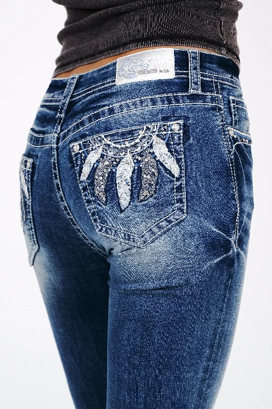 Feather Embroidery Mid Rise  Bootcut Jeans