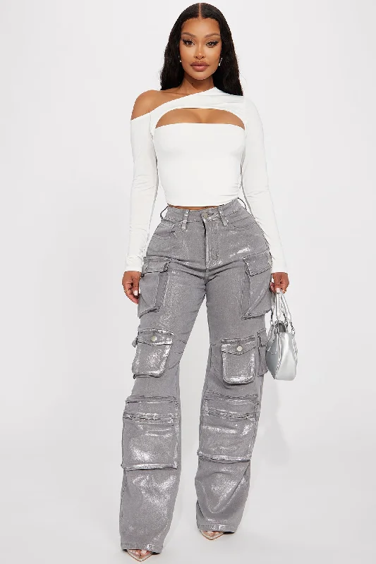 Time To Shine Foil Baggy Cargo Jeans - Silver